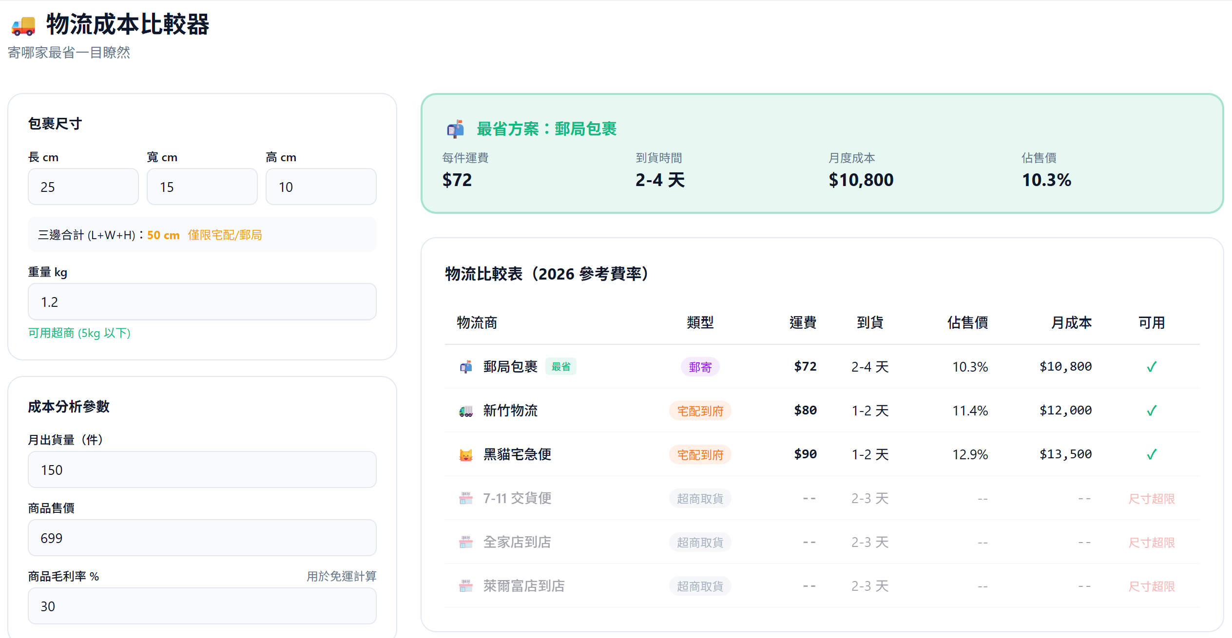 物流成本比較器 — 六家物流一次比，選最省的出貨